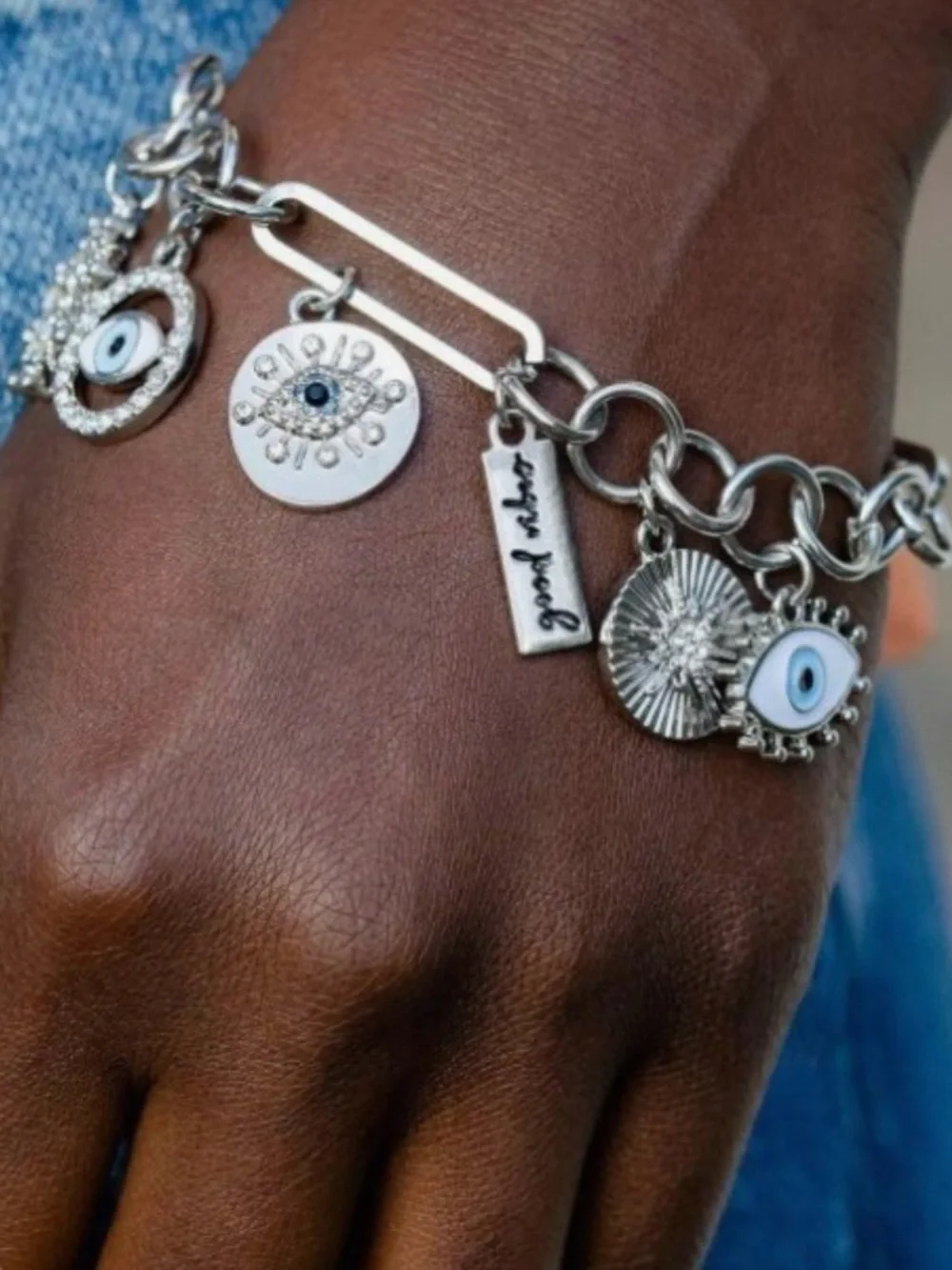 New! Sunset Sightings Silver Evil Eye Charm Bracelet with Blue Accents